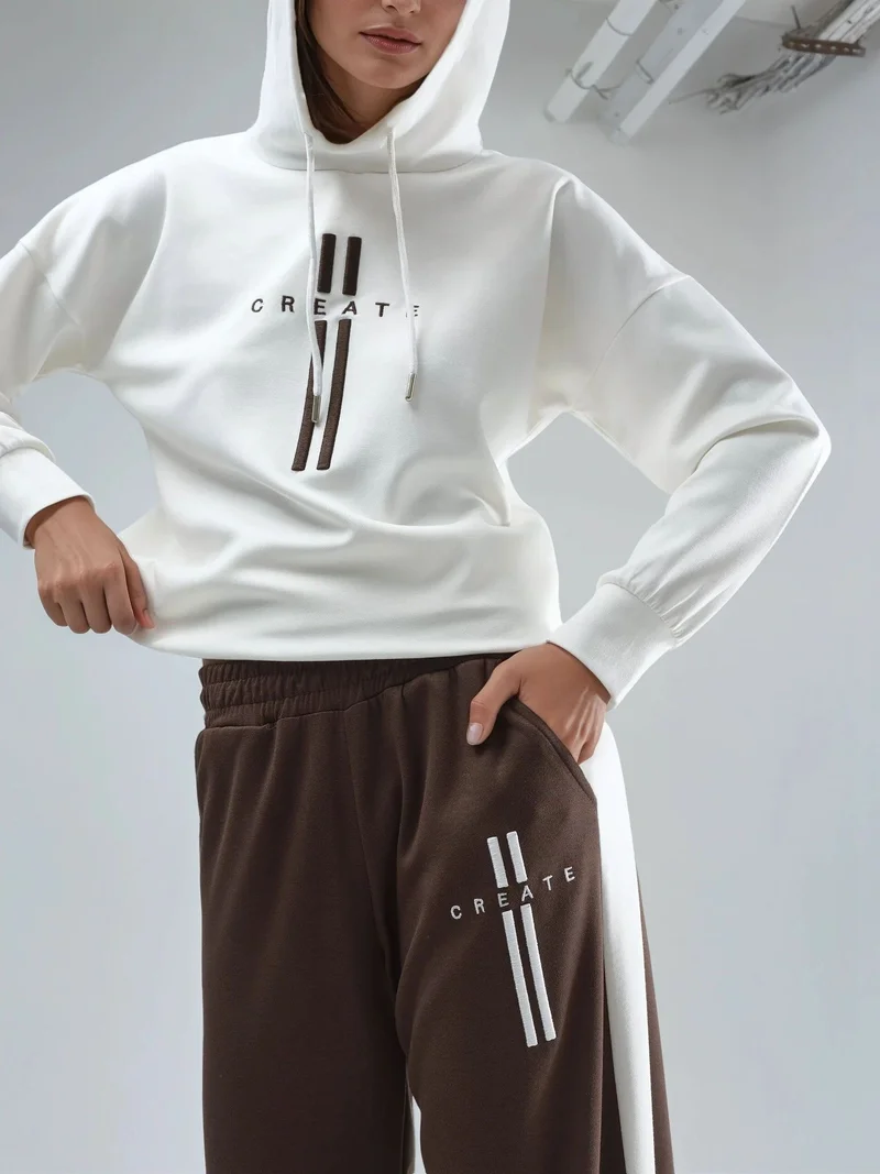 Hiccup White Modal Touch Hooded Sweatshirt & Stripe Detailed Pants Set Bersan Collection for Women | Best Price UAE